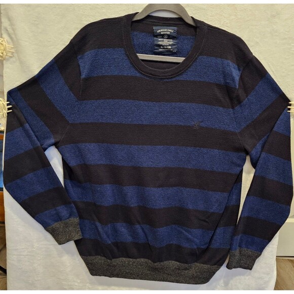 AMERICAN EAGLE Sweater Pullover Crewneck Cotton Navy Black Wide Stripe Men's XL - Picture 1 of 8